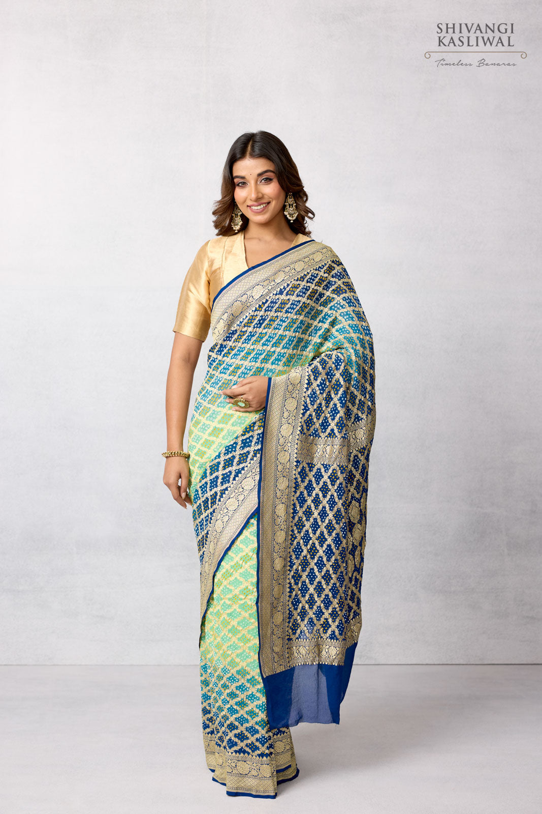 Shaded Blue Banarasi Georgette Bandhani Saree