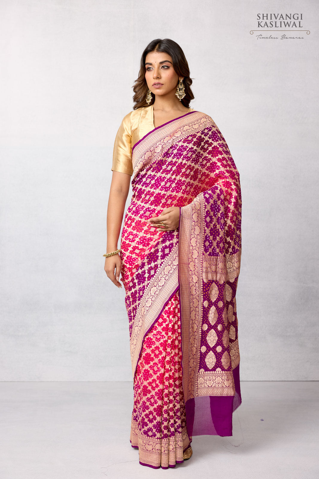 Shaded Pink Banarasi Georgette Bandhani Saree