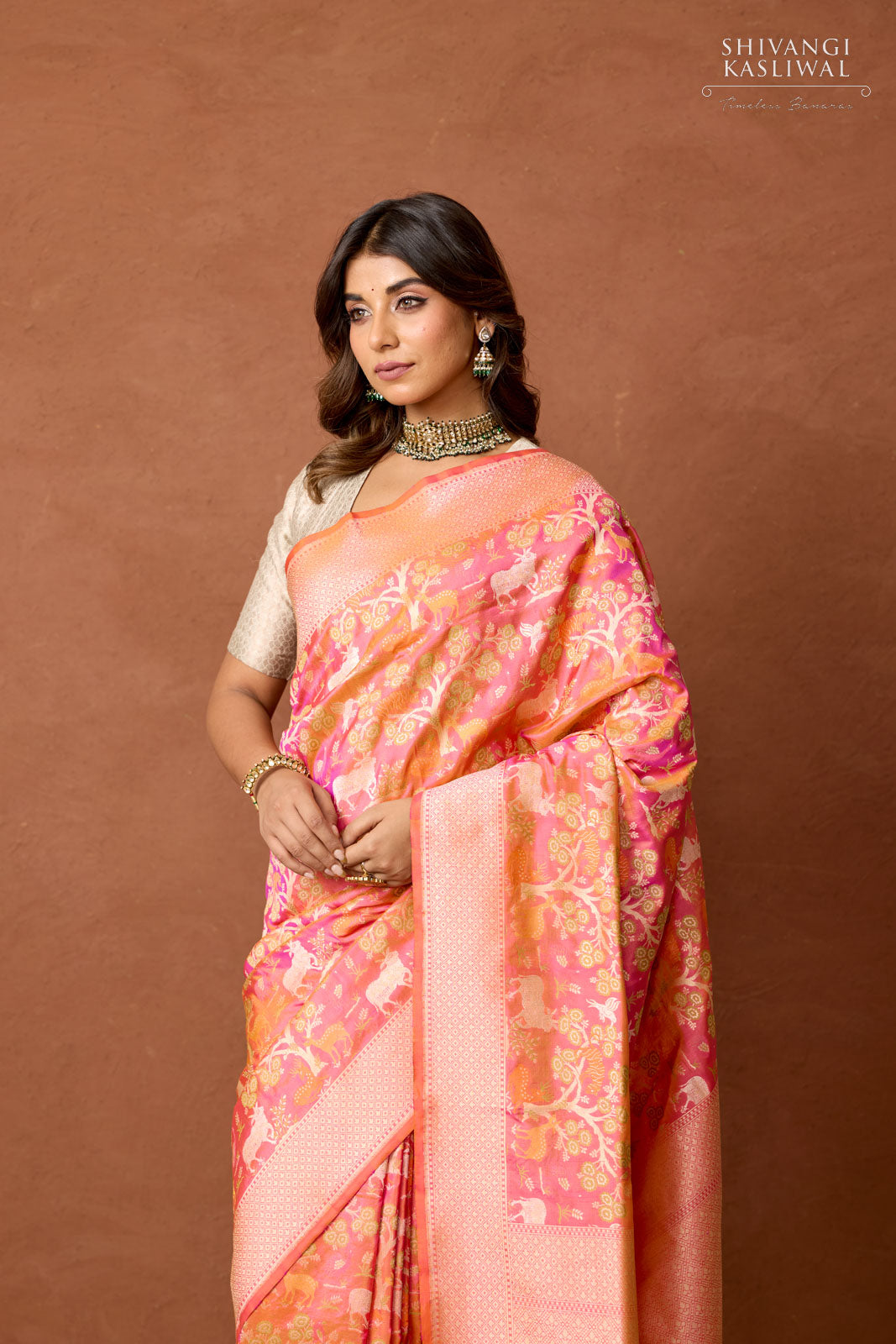 Peach Dual Tone Handwoven Banarasi Silk Saree