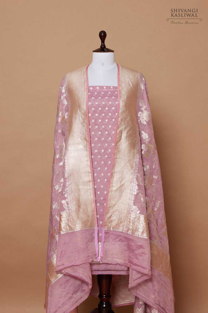 Pink Handwoven Banarasi Silk Tissue Suit Piece