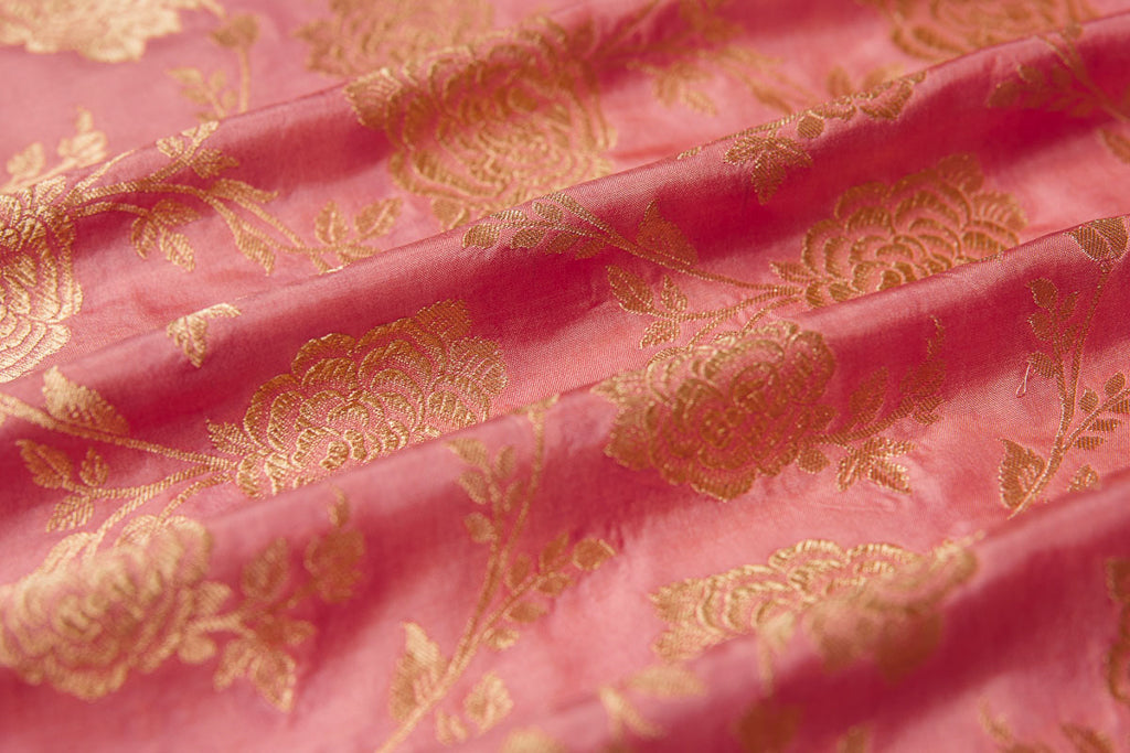 Peach Pink Handwoven Banarasi Silk Fabric