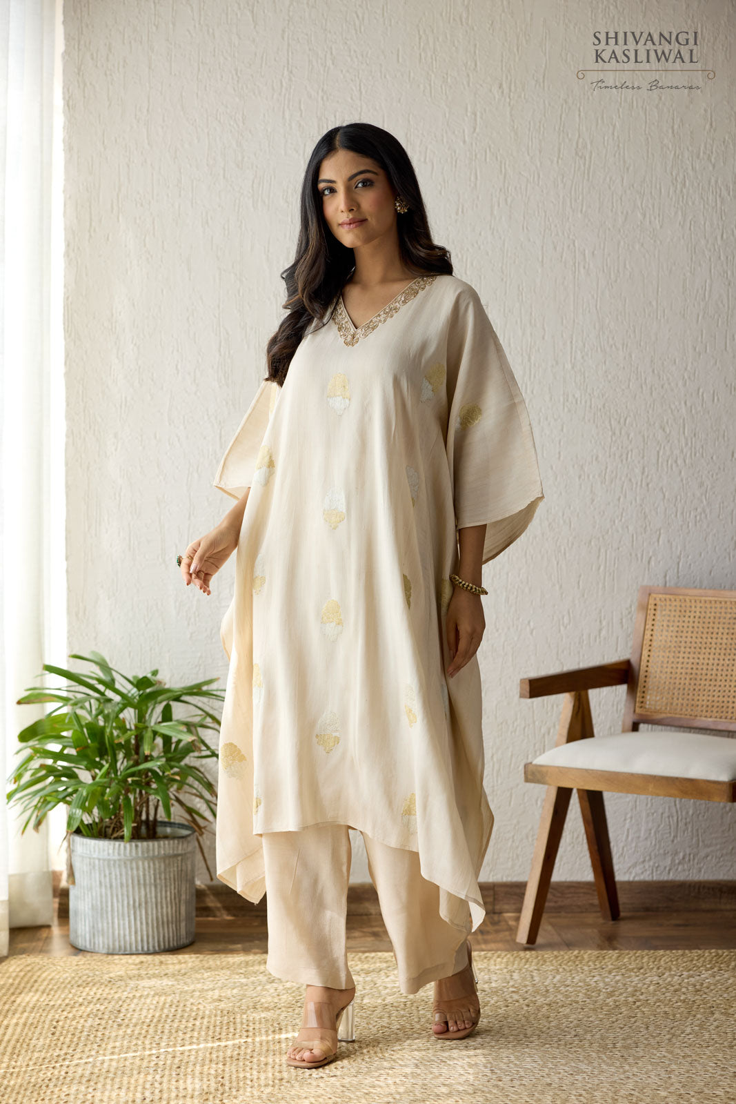 Beige Banarasi Tussar Silk Kaftan