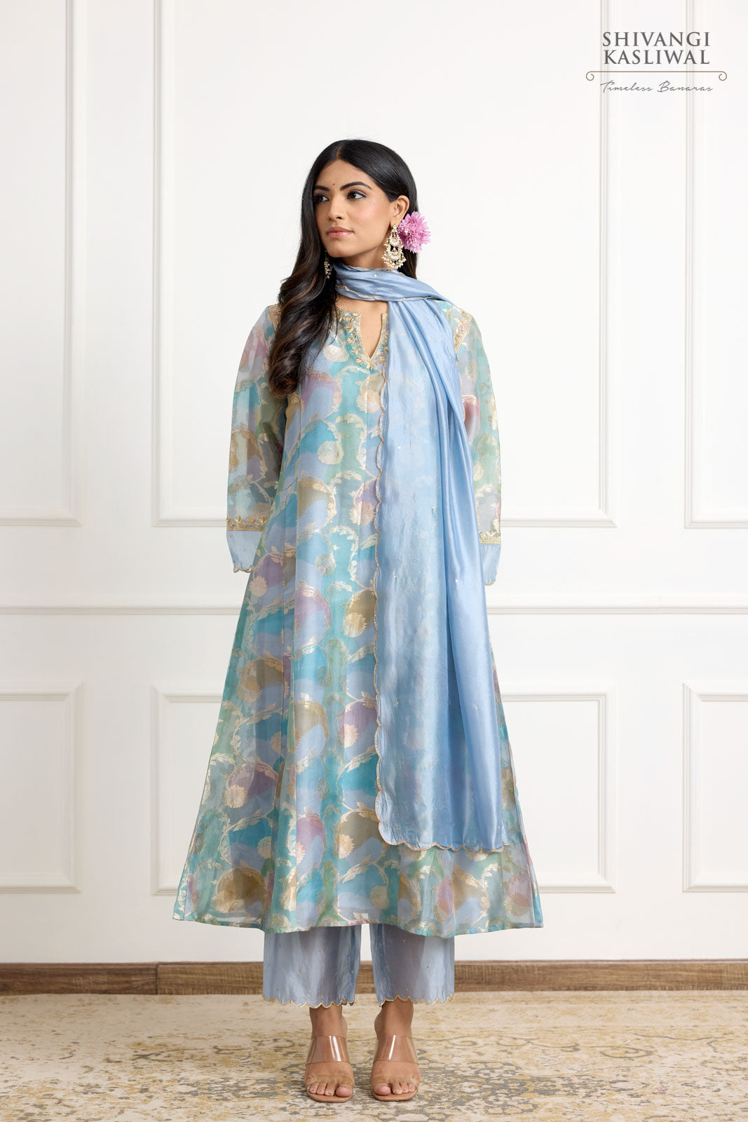 Blue Multicolor Banarasi Organza Silk Kurta Set