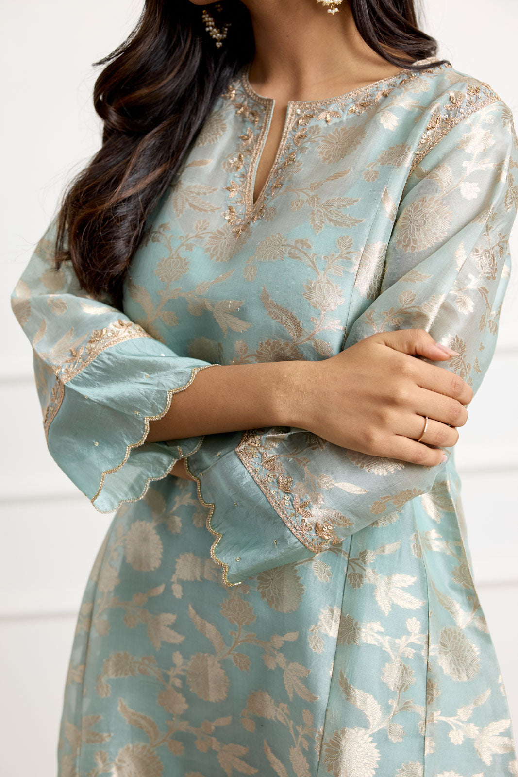 silk kurta dress Hand Embroidered Tempest Blue Pure Muga Silk Kurta Palazzo Set