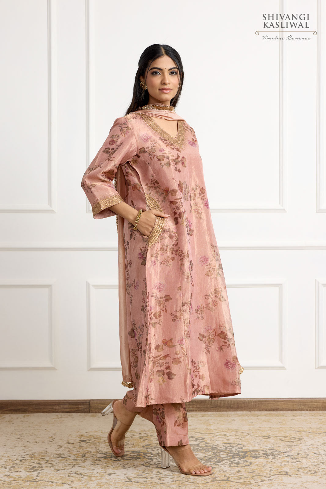 Onion Pink Banarasi Tissue Silk Kurta Set