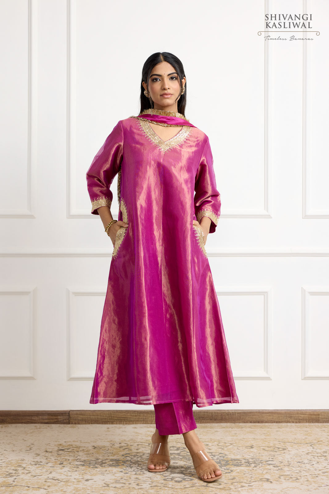 silk kurta dress Magenta Pink Banarasi Tissue Silk Kurta Set S