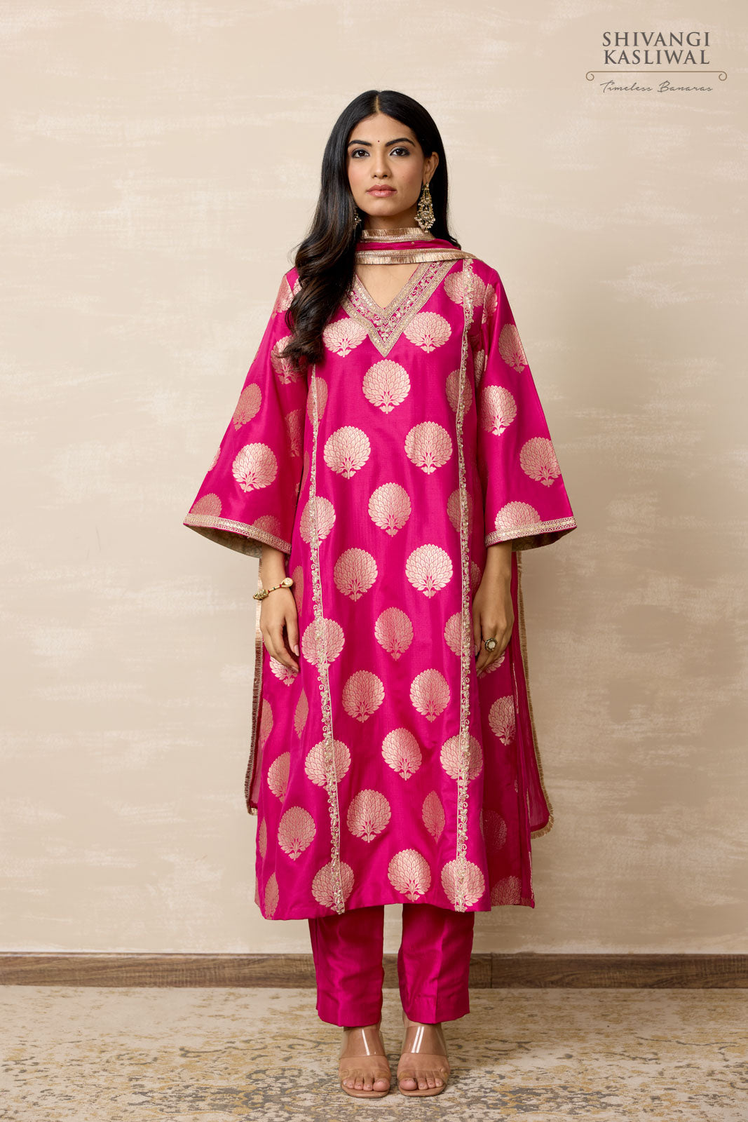 Fuchsia Pink Banarasi Silk Kurta Set