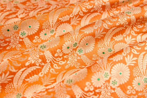 Orange Handwoven Banarasi Silk Fabric