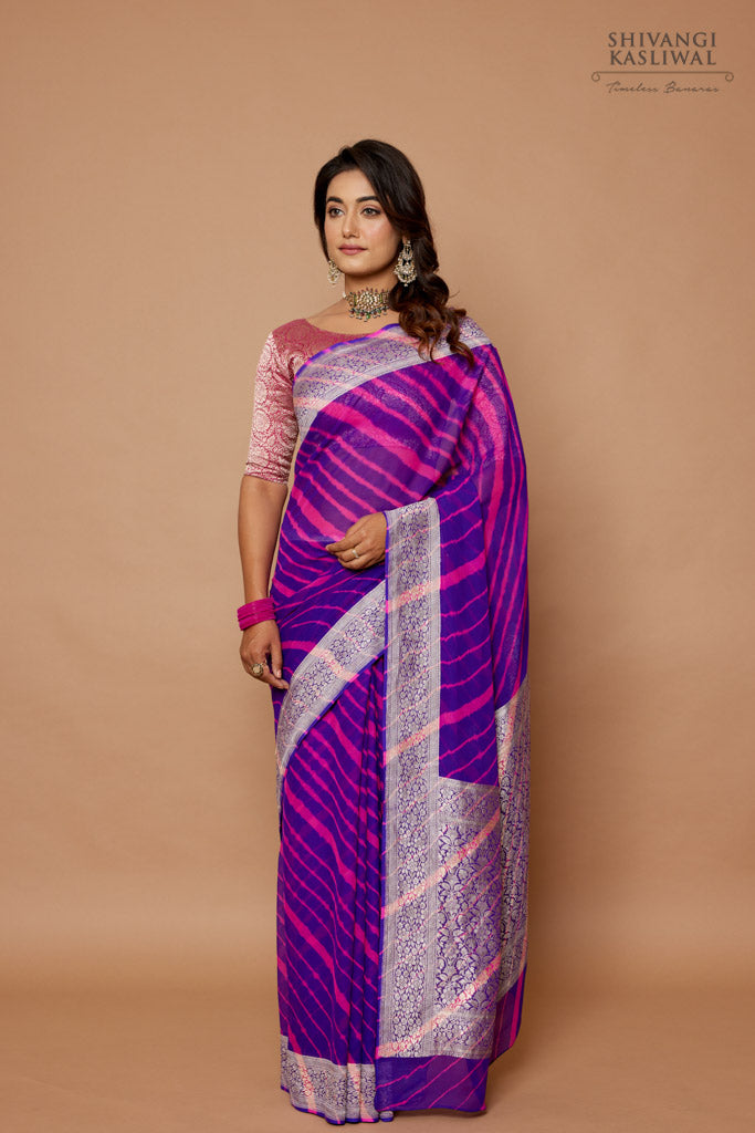 Purple Rani Pink Banarasi Georgette Leheriya Saree
