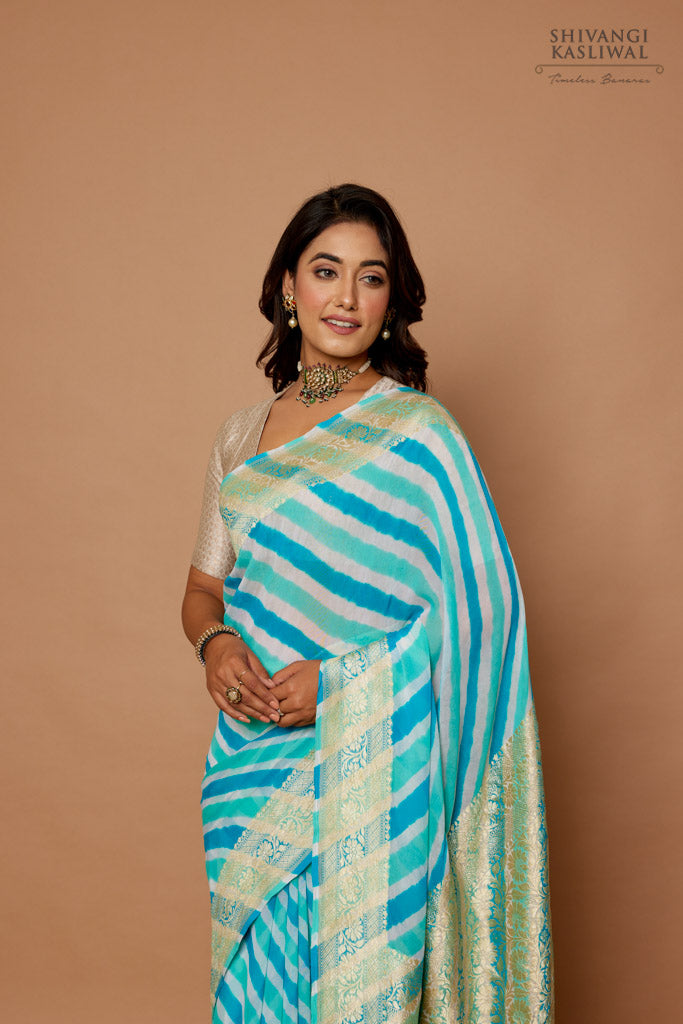 Turquoise Blue Banarasi Georgette Leheriya Saree - Shivangi Kasliwal