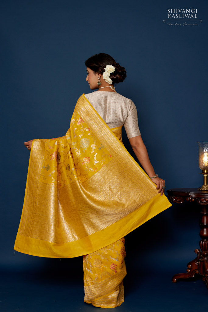Yellow Handwoven Banarasi Kadhua Tussar Georgette Saree