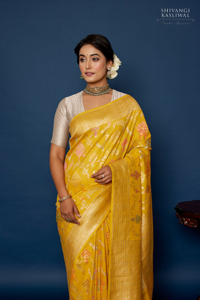 Yellow Handwoven Banarasi Kadhua Tussar Georgette Saree