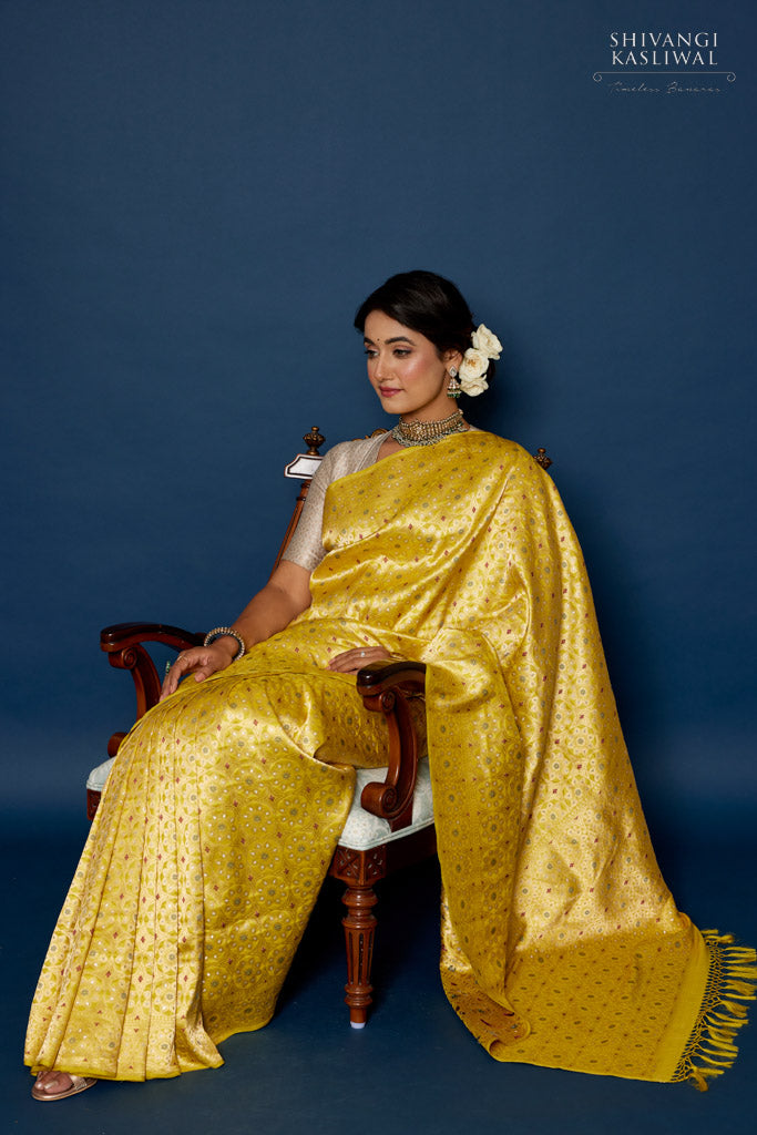 Mustard Yellow Banarasi Silk Saree – Devatithi