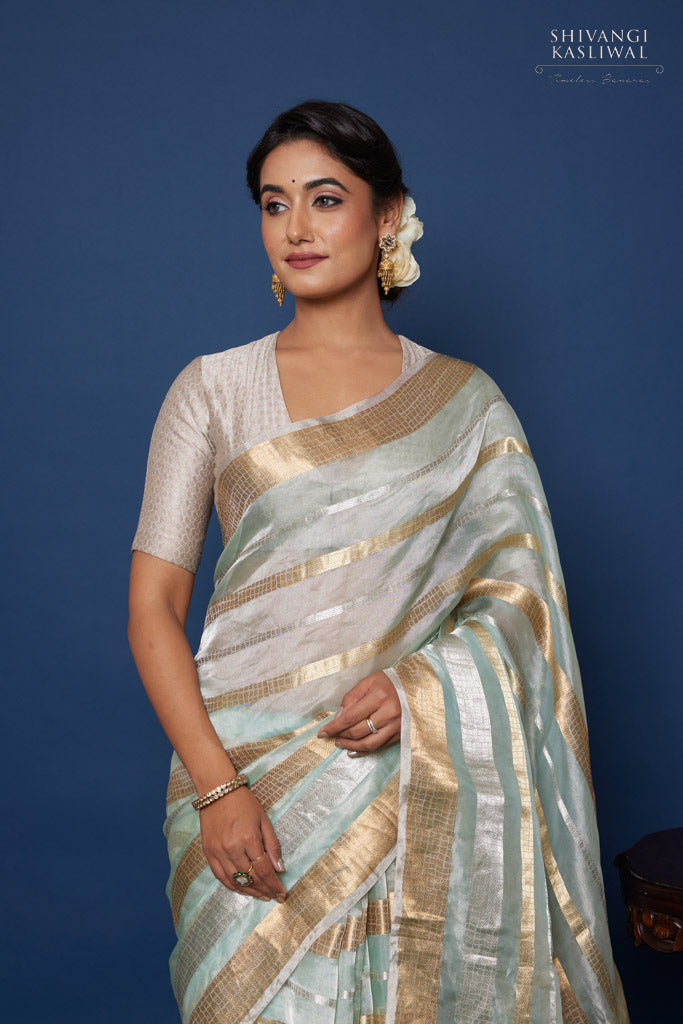 Aqua Blue Handwoven Banarasi Tissue Silk Saree