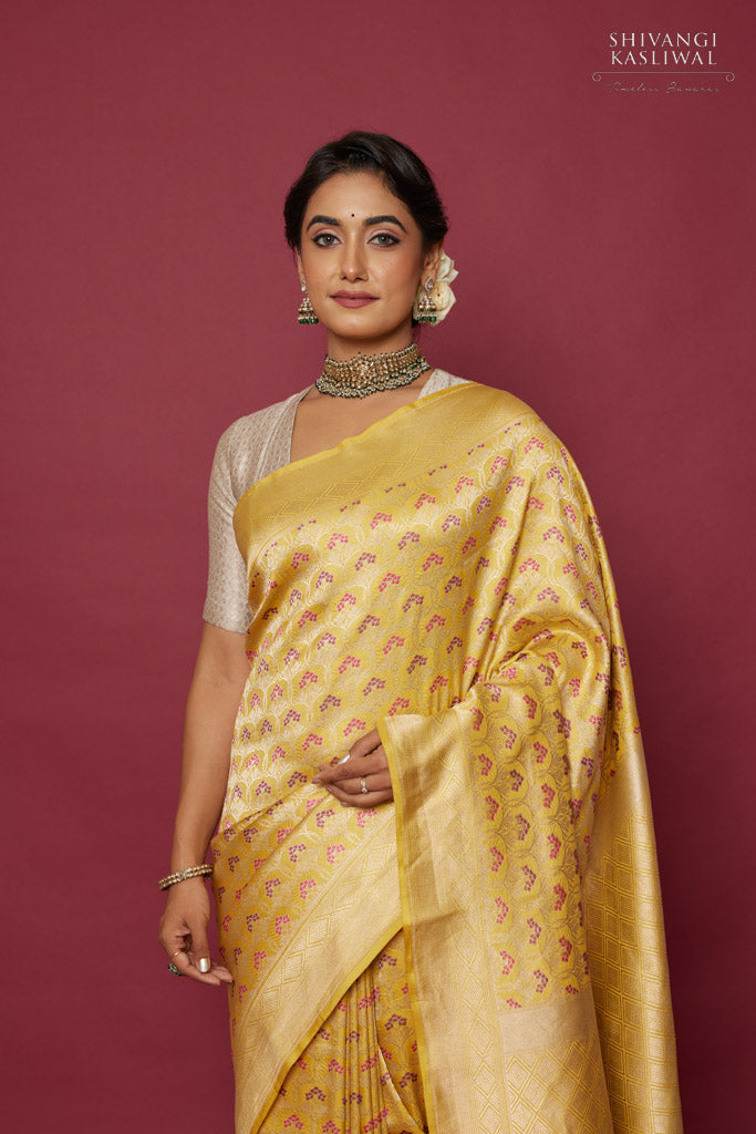 Buy Golden Yellow Gota Embroidered Silk Saree Online | Samyakk