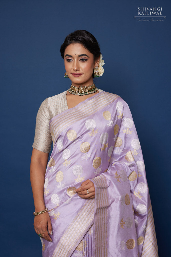 Classic Lilac Lavender 2gm Zari Elegance Kanchipuram Handloom Silk Sar –  Capell Haute Couture