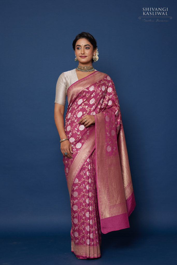 Onion Pink Handwoven Banarasi Moonga Silk Saree