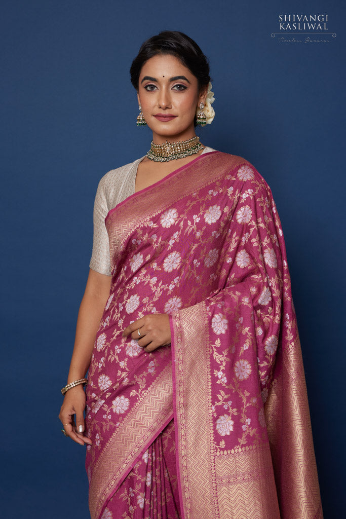 Onion Pink Handwoven Banarasi Moonga Silk Saree