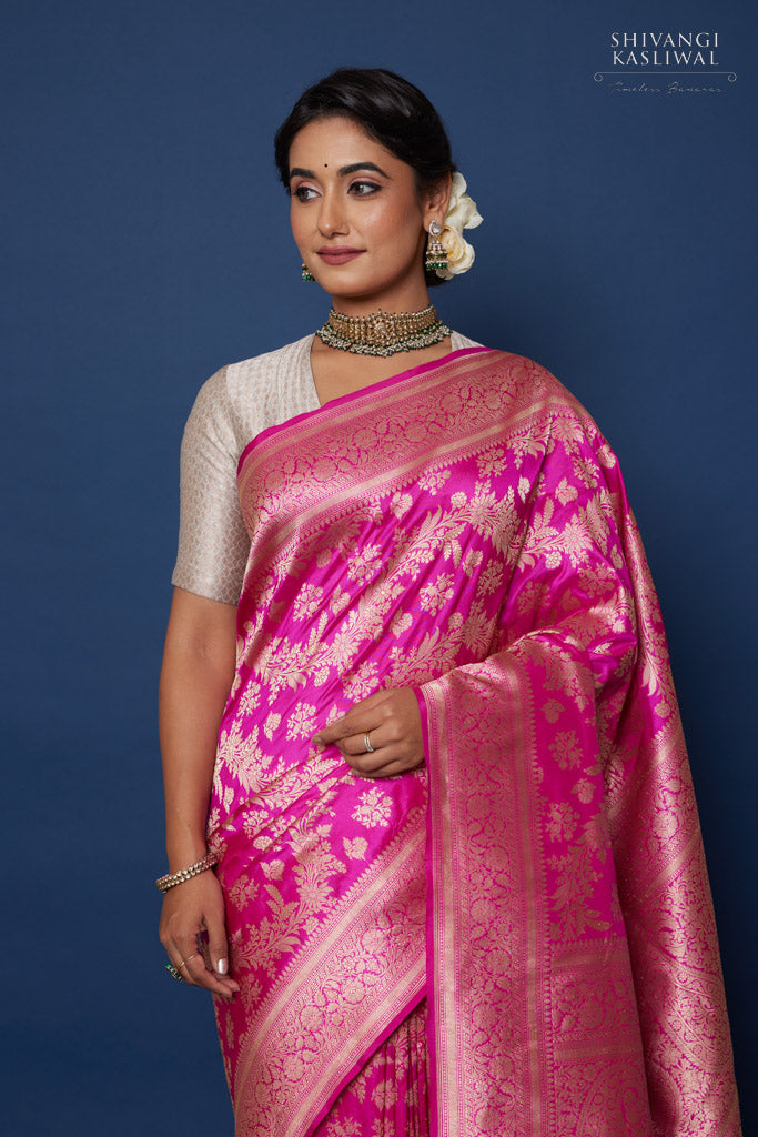 Rani Pink Handwoven Banarasi Silk Saree