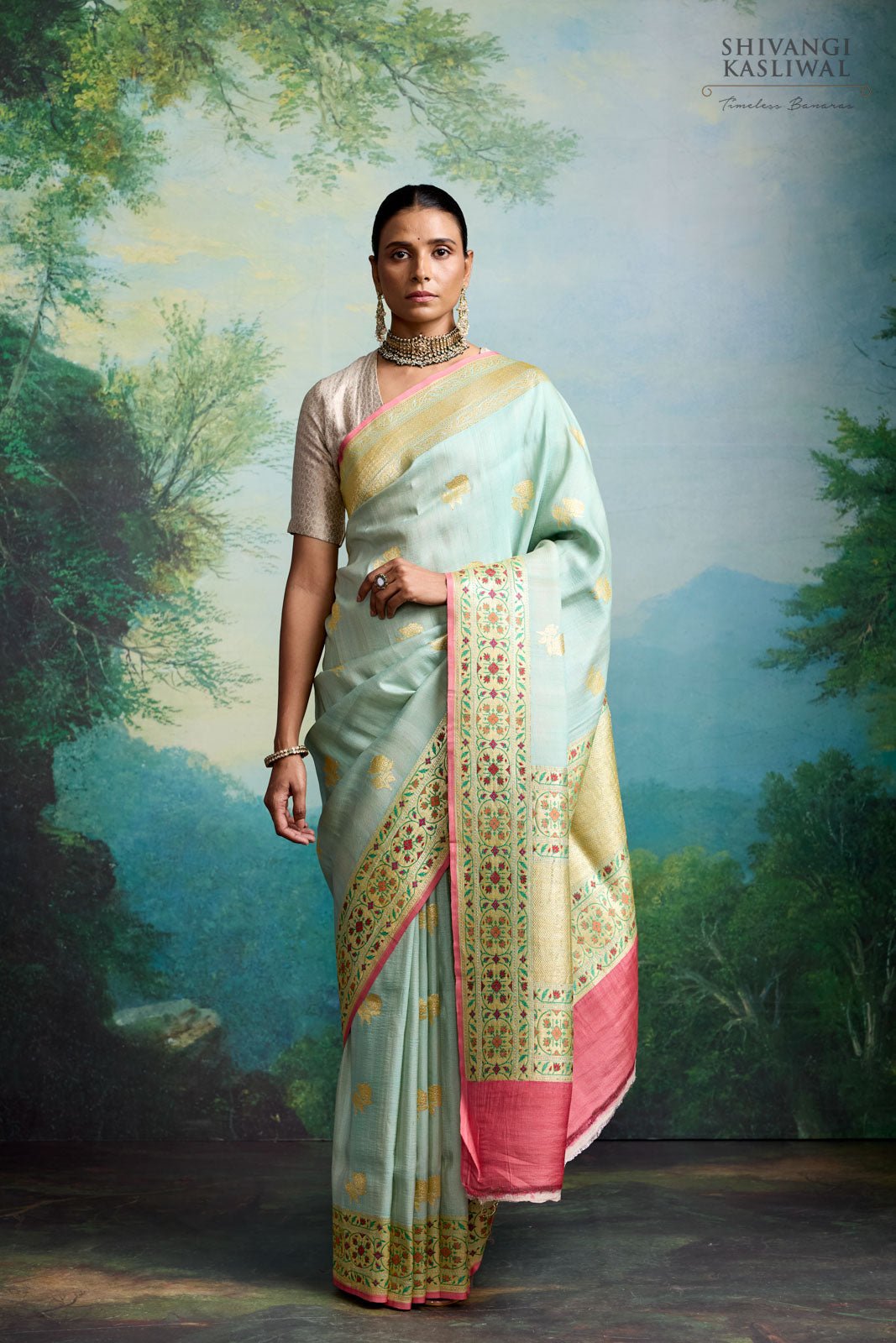 Powder Blue Handwoven Banarasi Tussar Georgette Saree