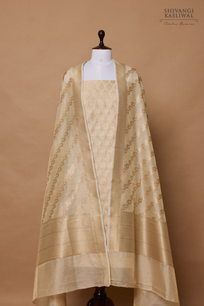 Beige Handwoven Banarasi Kora Tissue Suit Piece