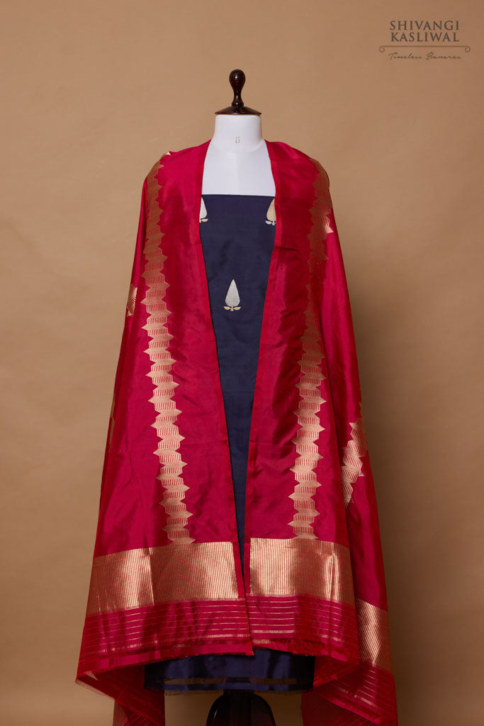 Navy Blue Handwoven Banarasi Silk Suit Piece