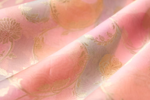 Pink Multicolor Handwoven Banarasi Organza Silk Fabric