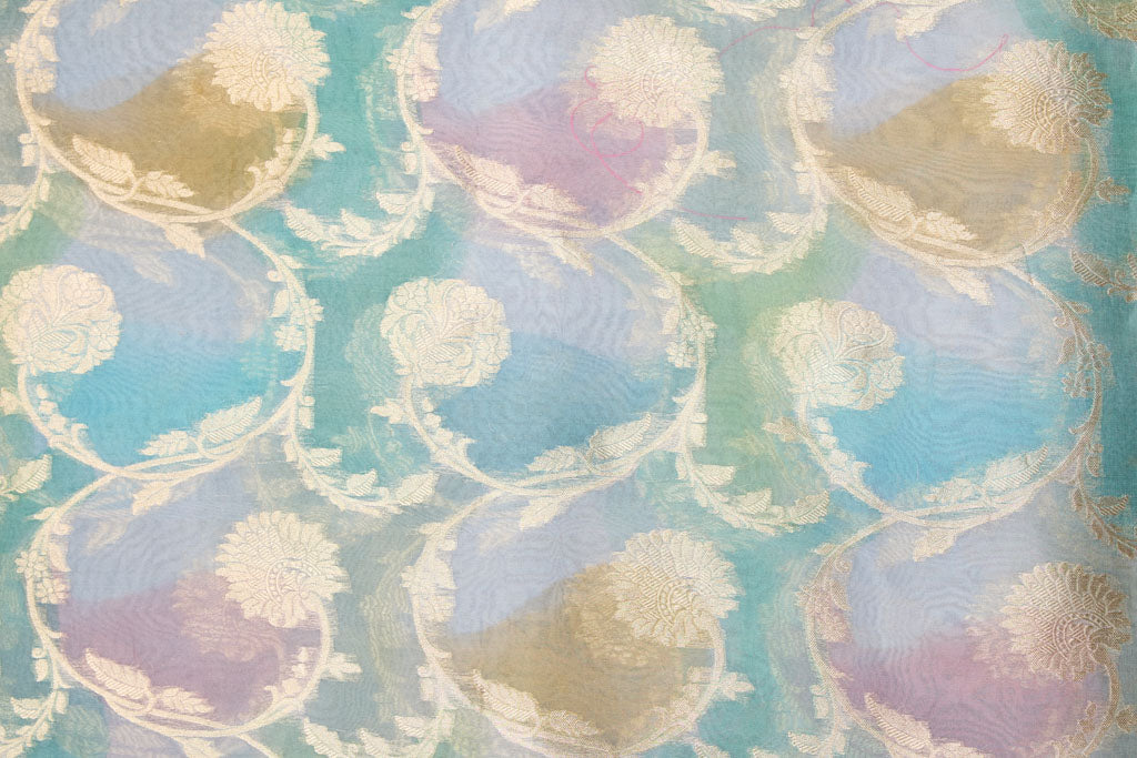 Blue Multicolor Handwoven Banarasi Organza Silk Fabric