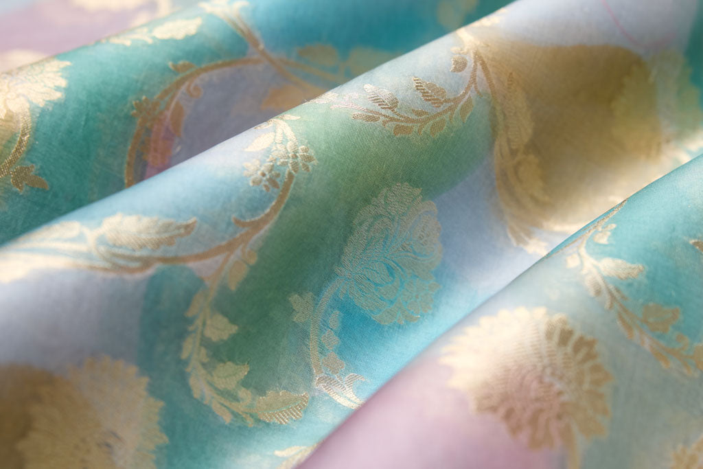 Blue Multicolor Handwoven Banarasi Organza Silk Fabric