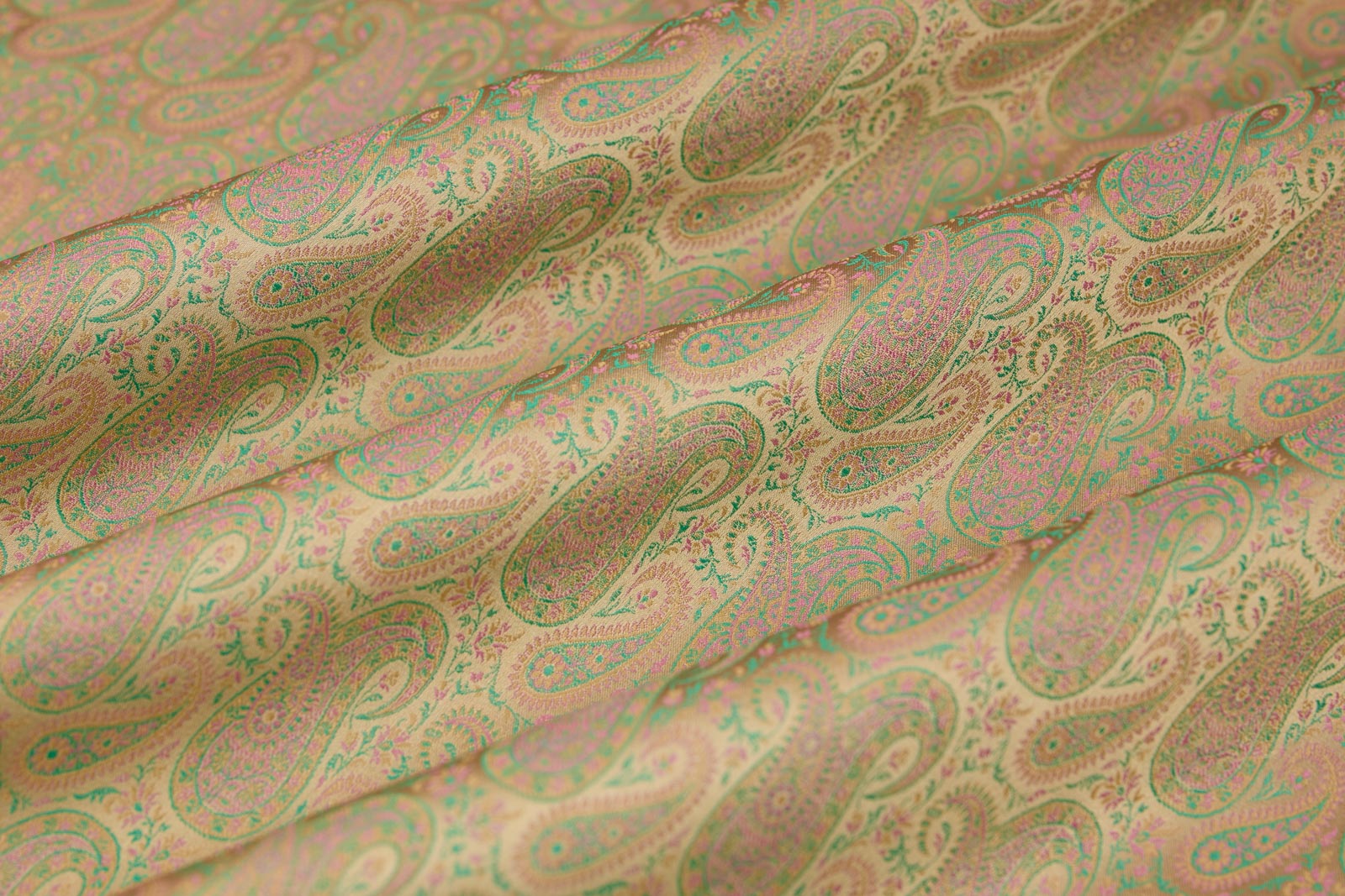 Beige Handwoven Tanchoi Silk Fabric