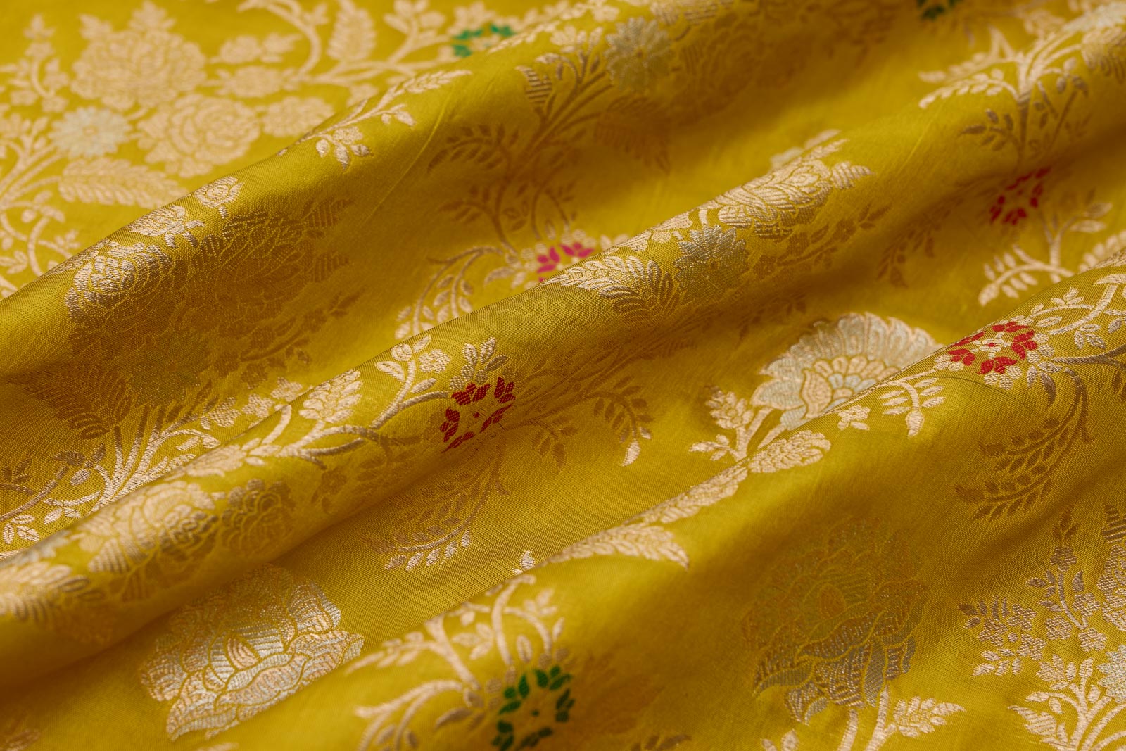 Greenish Yellow Handwoven Banarasi Silk Fabric