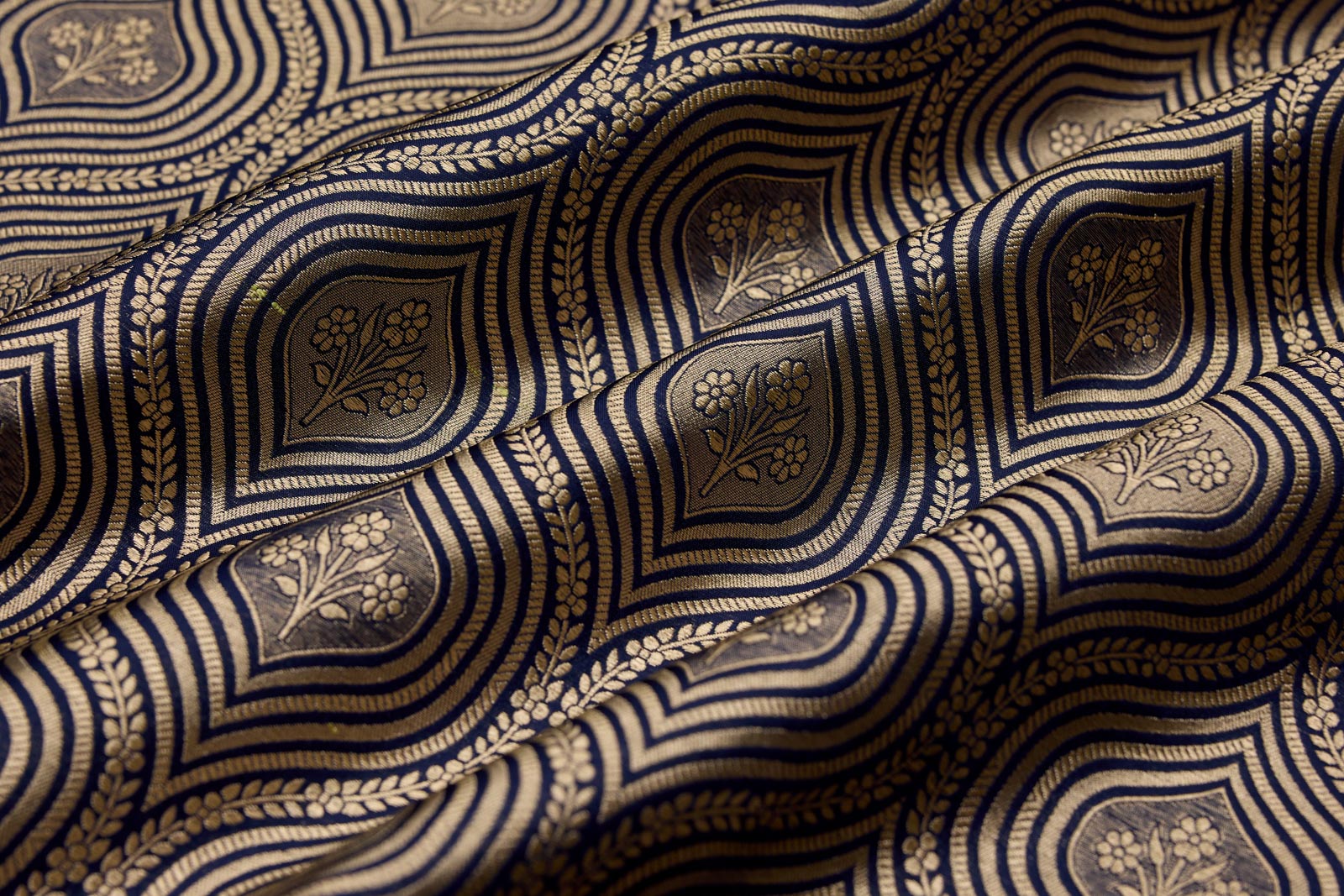 Navy Blue Handwoven Banarasi Brocade Fabric
