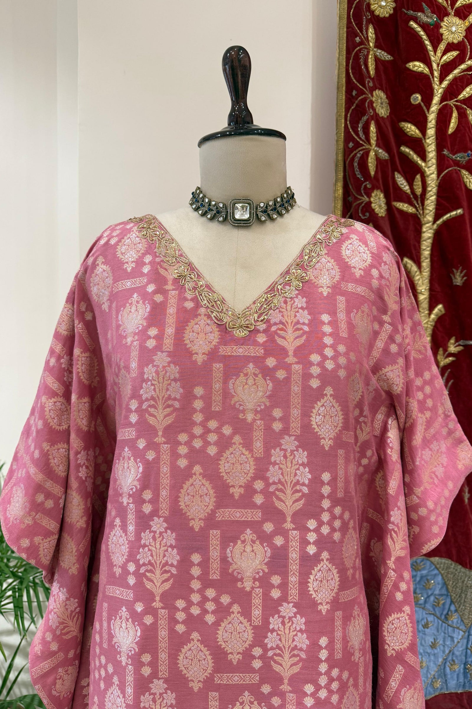 Pink Banarasi Moonga Silk Kaftan