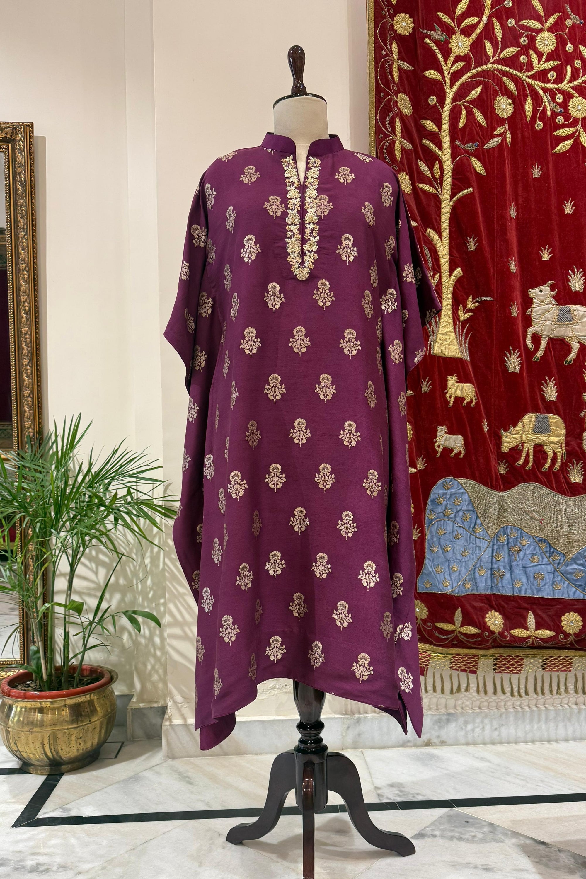 Wine Banarasi Moonga Silk Kaftan