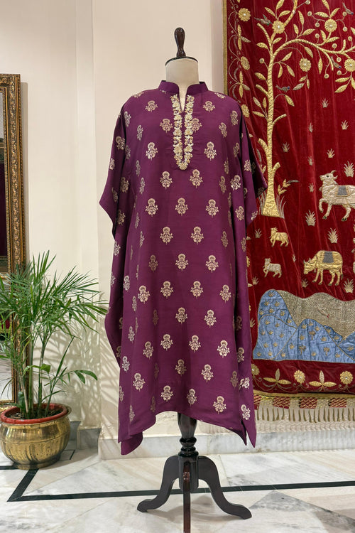 Wine Banarasi Moonga Silk Kaftan
