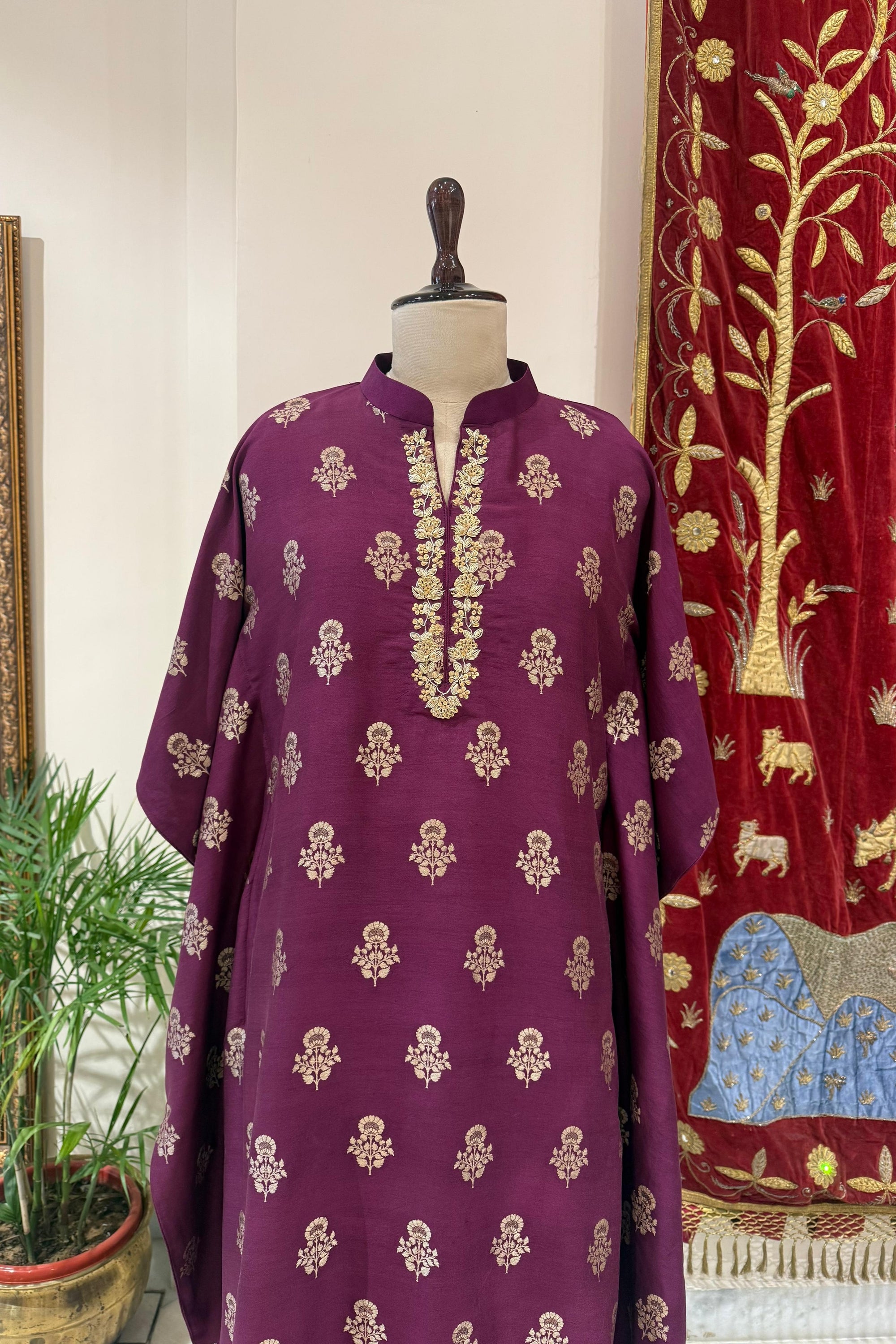 Wine Banarasi Moonga Silk Kaftan