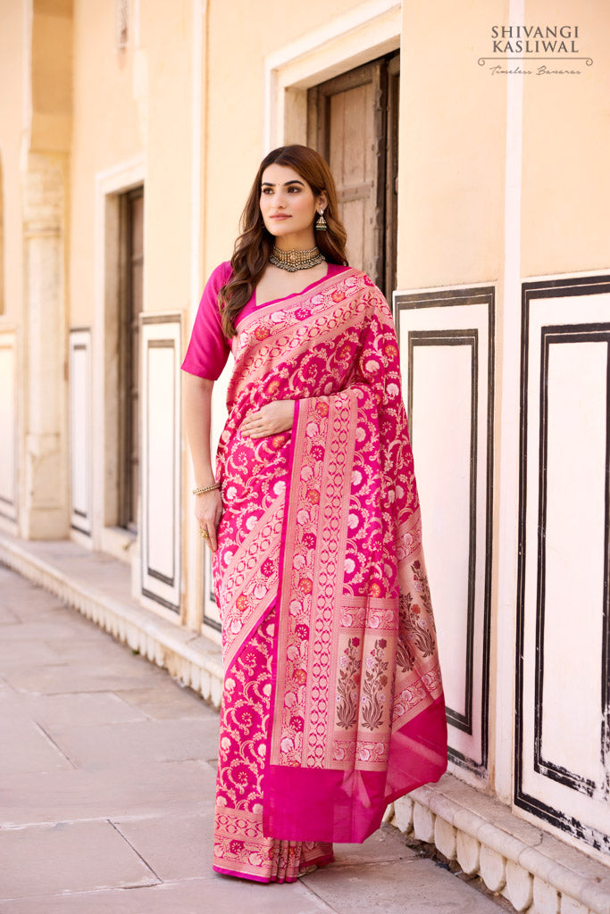 Rani Pink Handwoven Banarasi Silk Saree