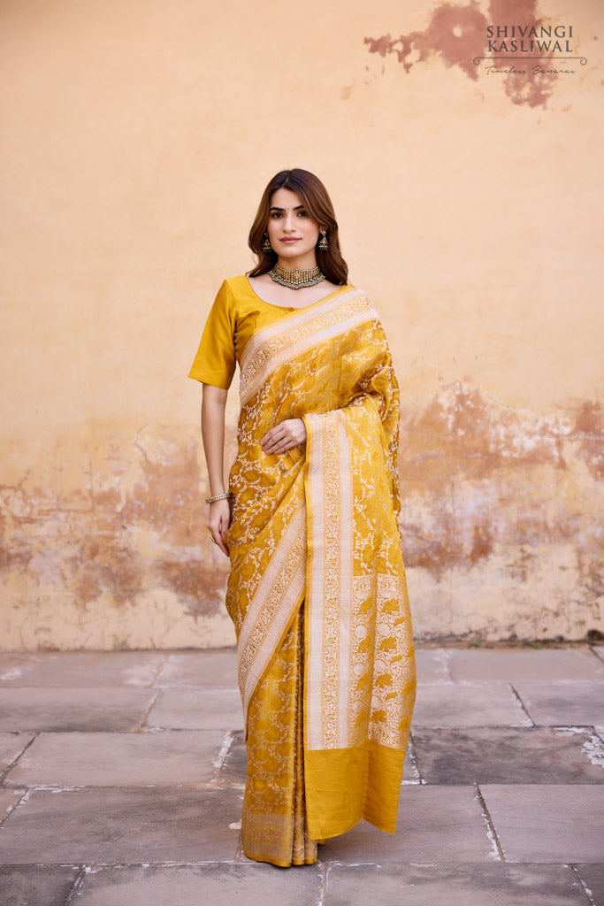 Jaya Yellow Organza Silk Saree With Attached Blouse – Zariknyaa