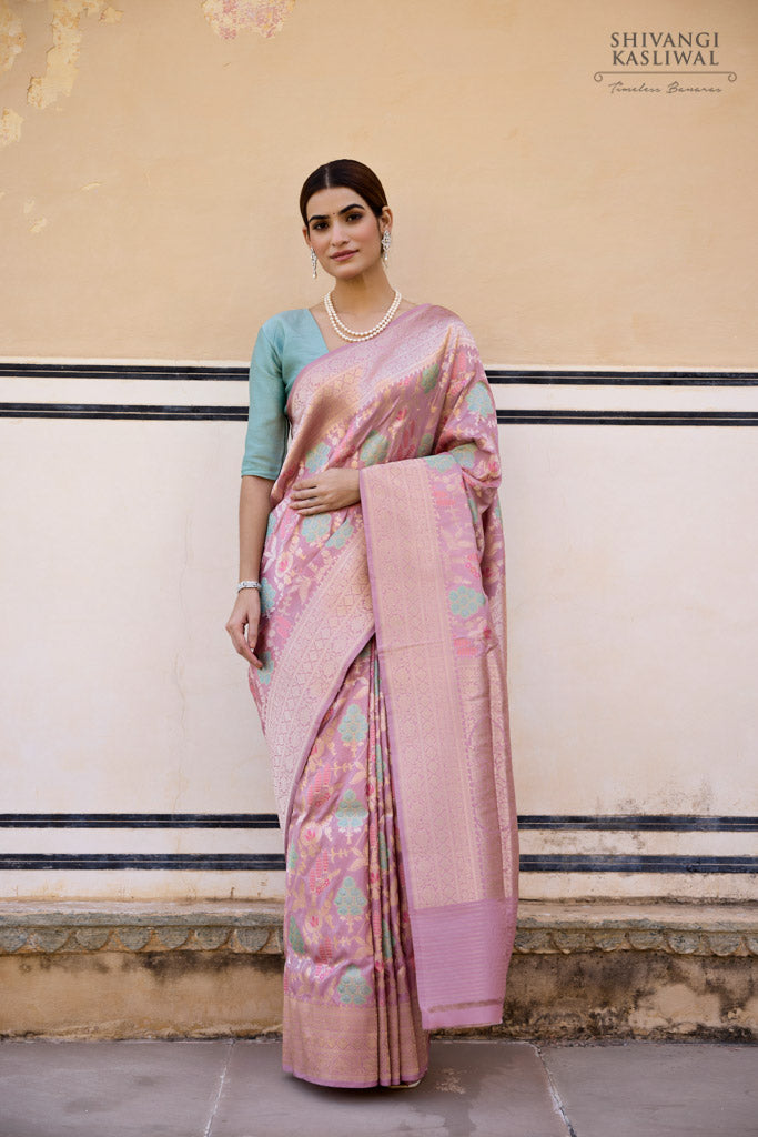 Light Onion Pink Benarasi Pure Kora Silk Handwoven Kadwa Saree With An –  Six Yard Story