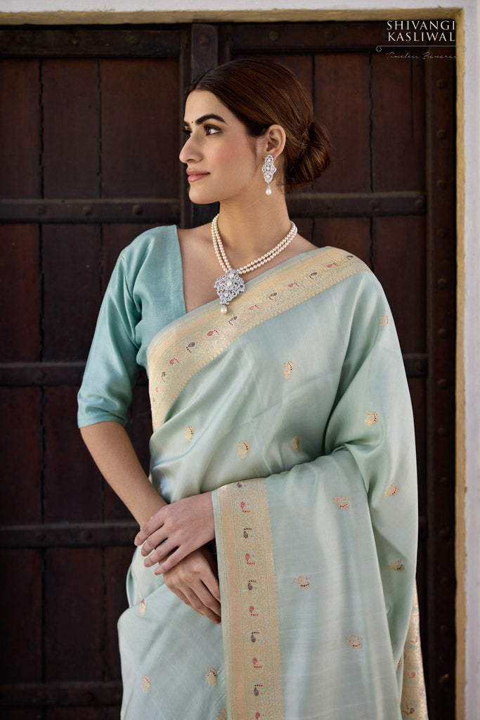 Mint Blue Handwoven Banarasi Kadhua Silk Saree