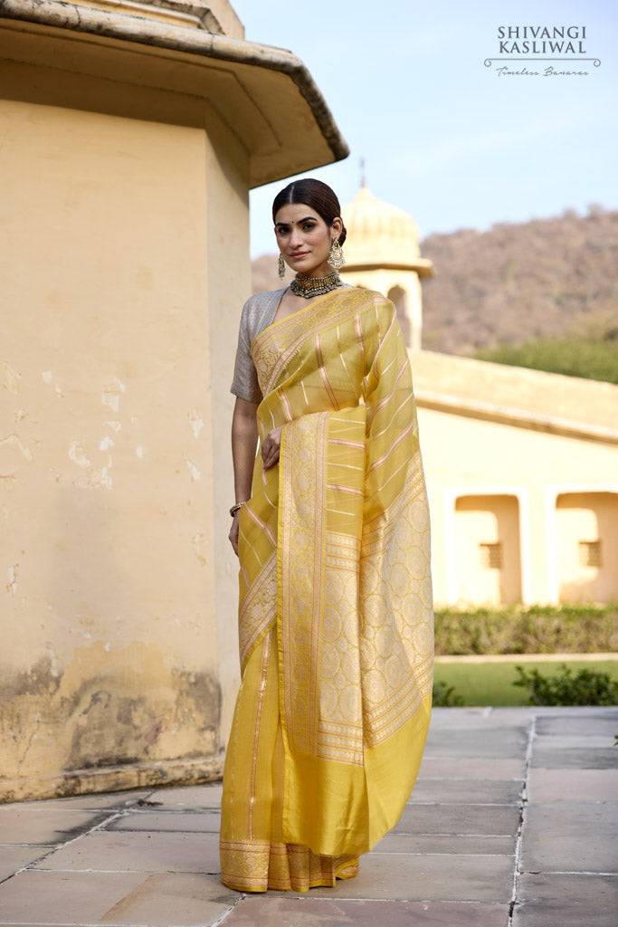 Yellow Handwoven Banarasi Kadhua Organza Silk Saree