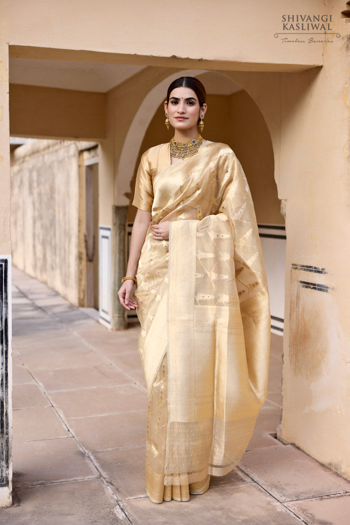 Gold Handwoven Banarasi Kadhua Organza Tissue Silk Saree