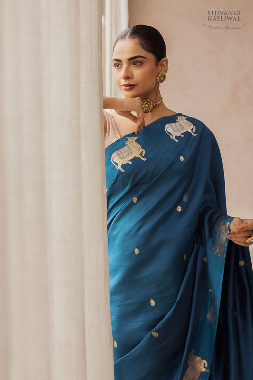Peacock Blue Handwoven Banarasi Pure Silk Saree