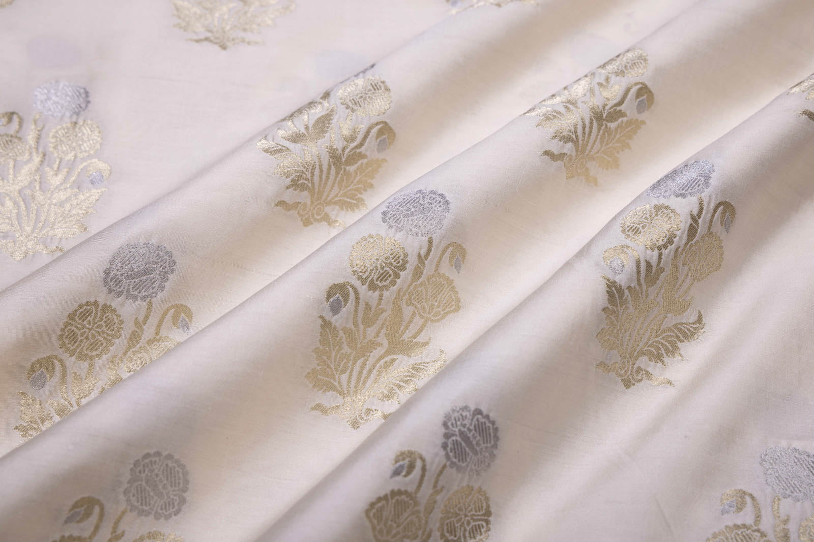 Off-White Handwoven Banarasi Chiniya Silk Fabric