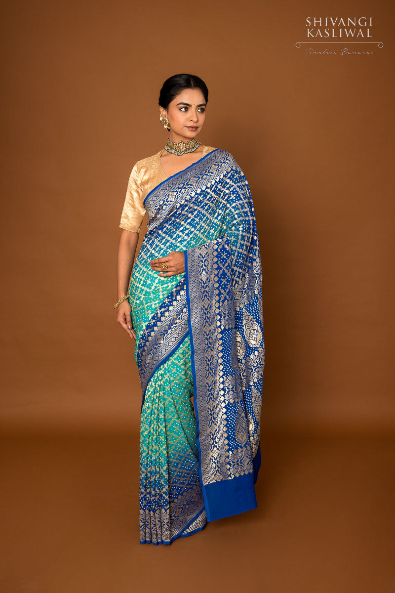 Shaded Blue Banarasi Georgette Bandhani Saree