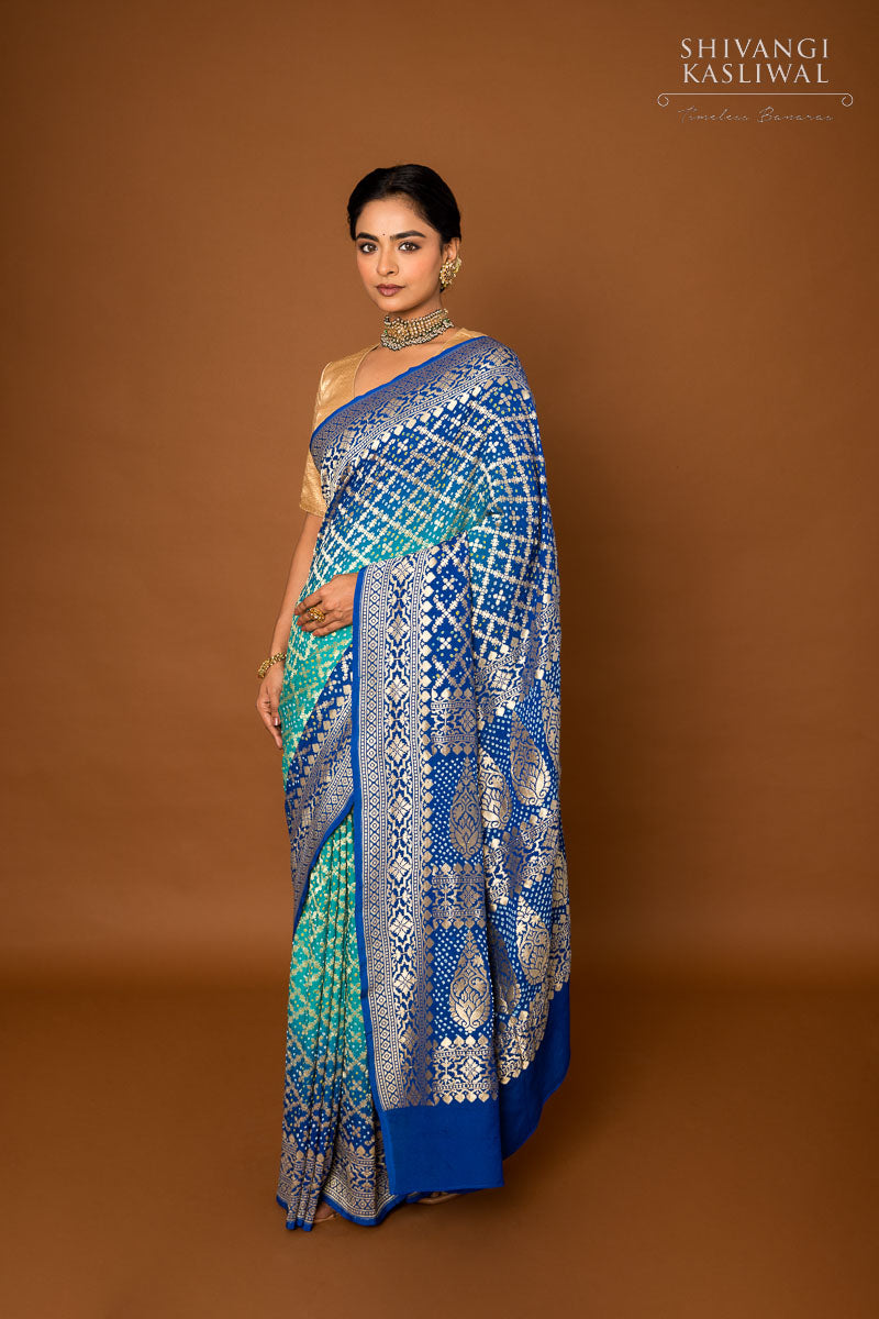 Shaded Blue Banarasi Georgette Bandhani Saree