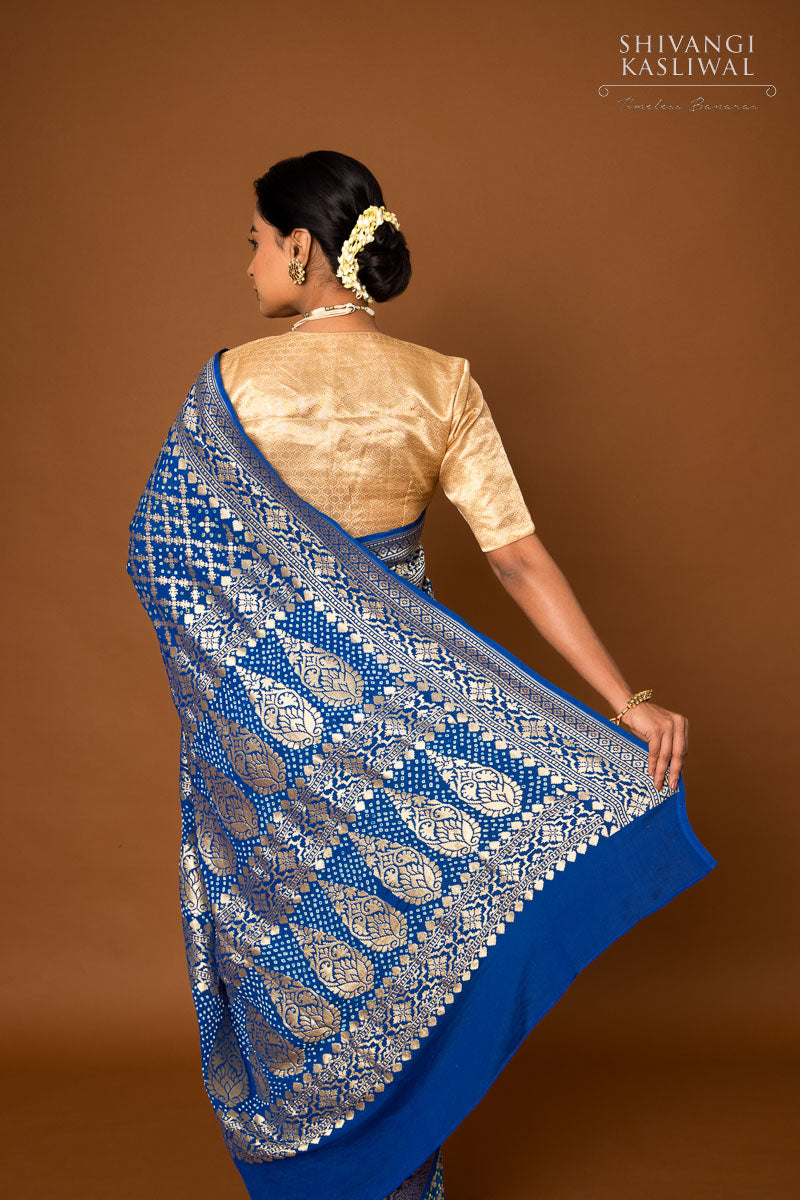 Shaded Blue Banarasi Georgette Bandhani Saree