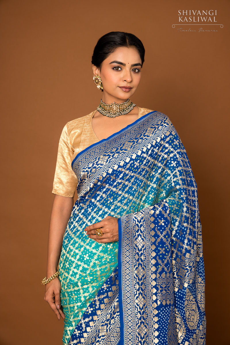 Shaded Blue Banarasi Georgette Bandhani Saree