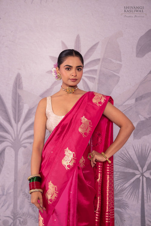 Fuchsia Pink Handwoven Banarasi Pure Silk Saree