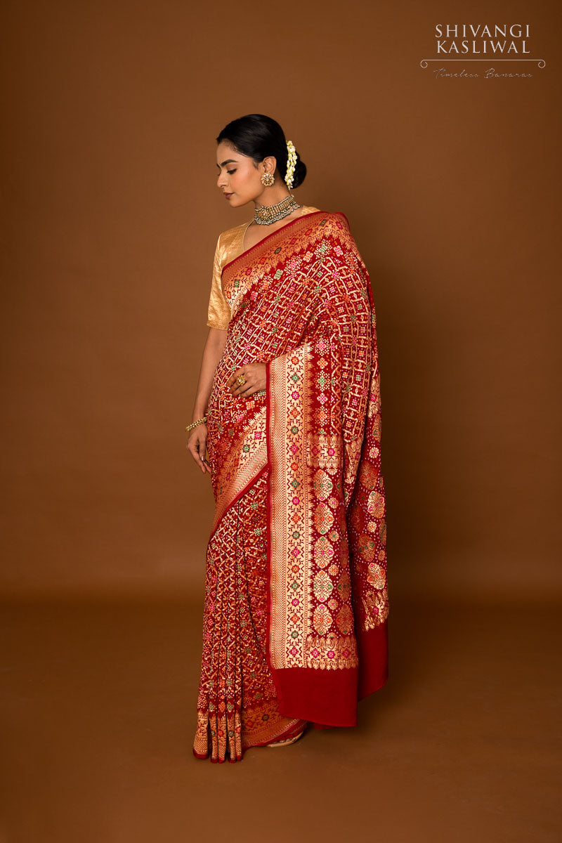 Maroon Banarasi Georgette Bandhani Saree